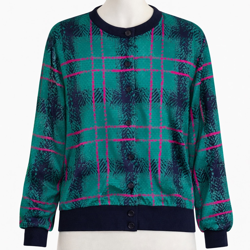 Vintage The Wilroy Traveller Teal & Navy Plaid Button-Up Jacket with Pink Accent